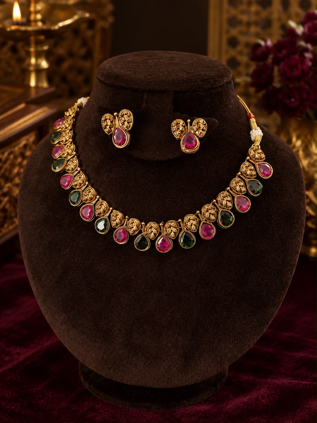 Pink green raindrop necklace